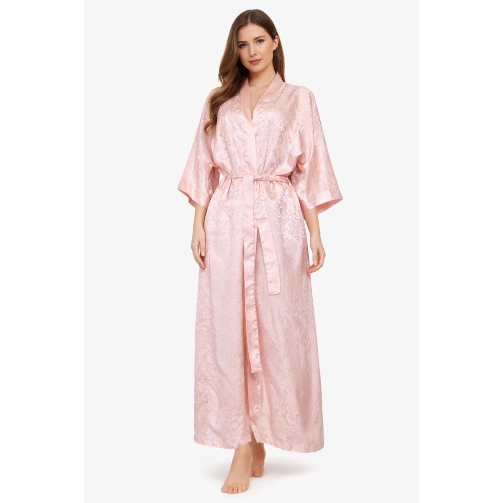 Chandio NY | VTG Blush Pink Jacquard Floral Belted Lingerie Maxi Satin Robe